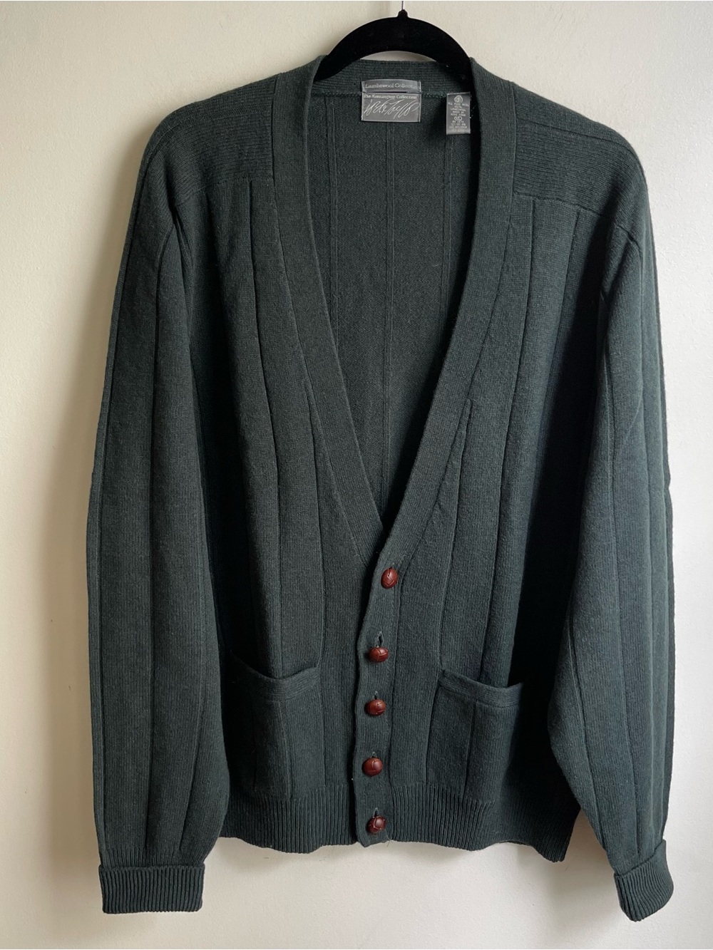 Vintage 90s Lord & Taylor Wool Cardigan Sweater Leather Buttons Green Grandpa XL